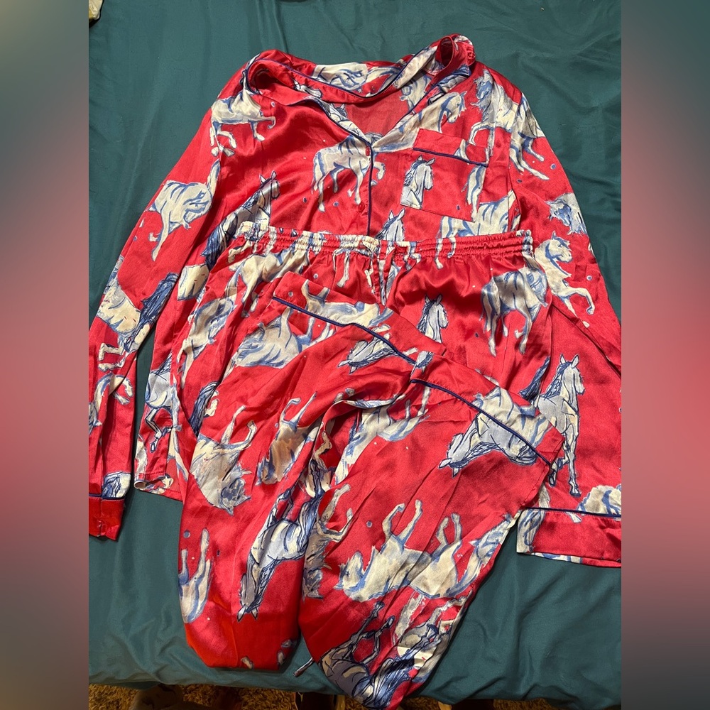 Their Nibs pink and blue satin horse pajama set